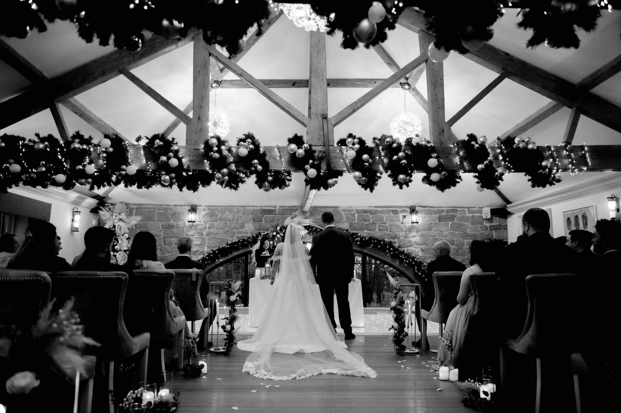 A black and white image of a wedding reception